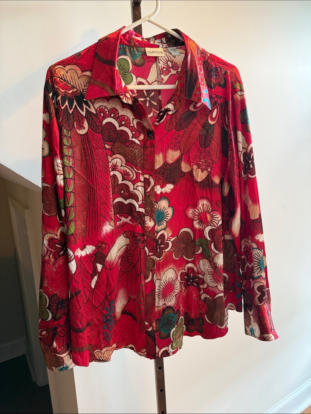 Chico's Vibrant Red Floral-Print Button Down Shirt